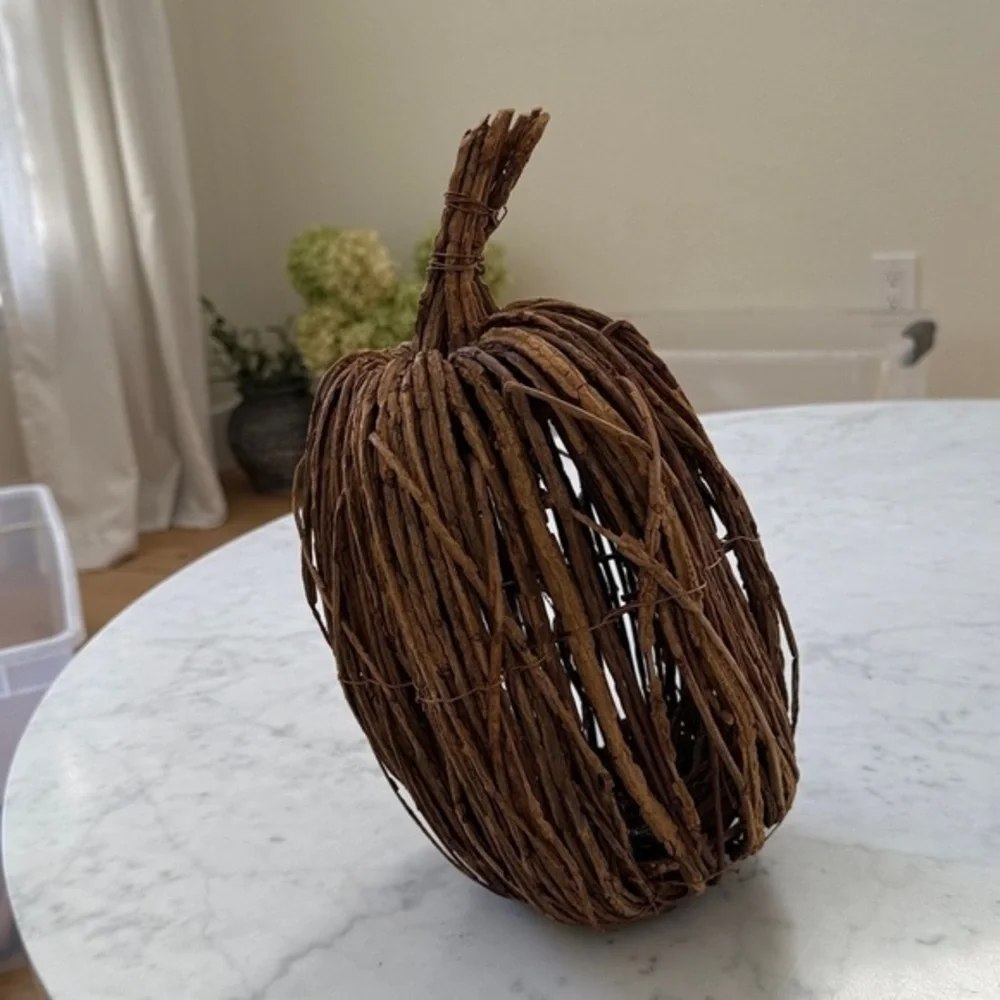 Crate & Barrel Large Wicker Pumpkin Fall Harvest Thanksgiving Decor